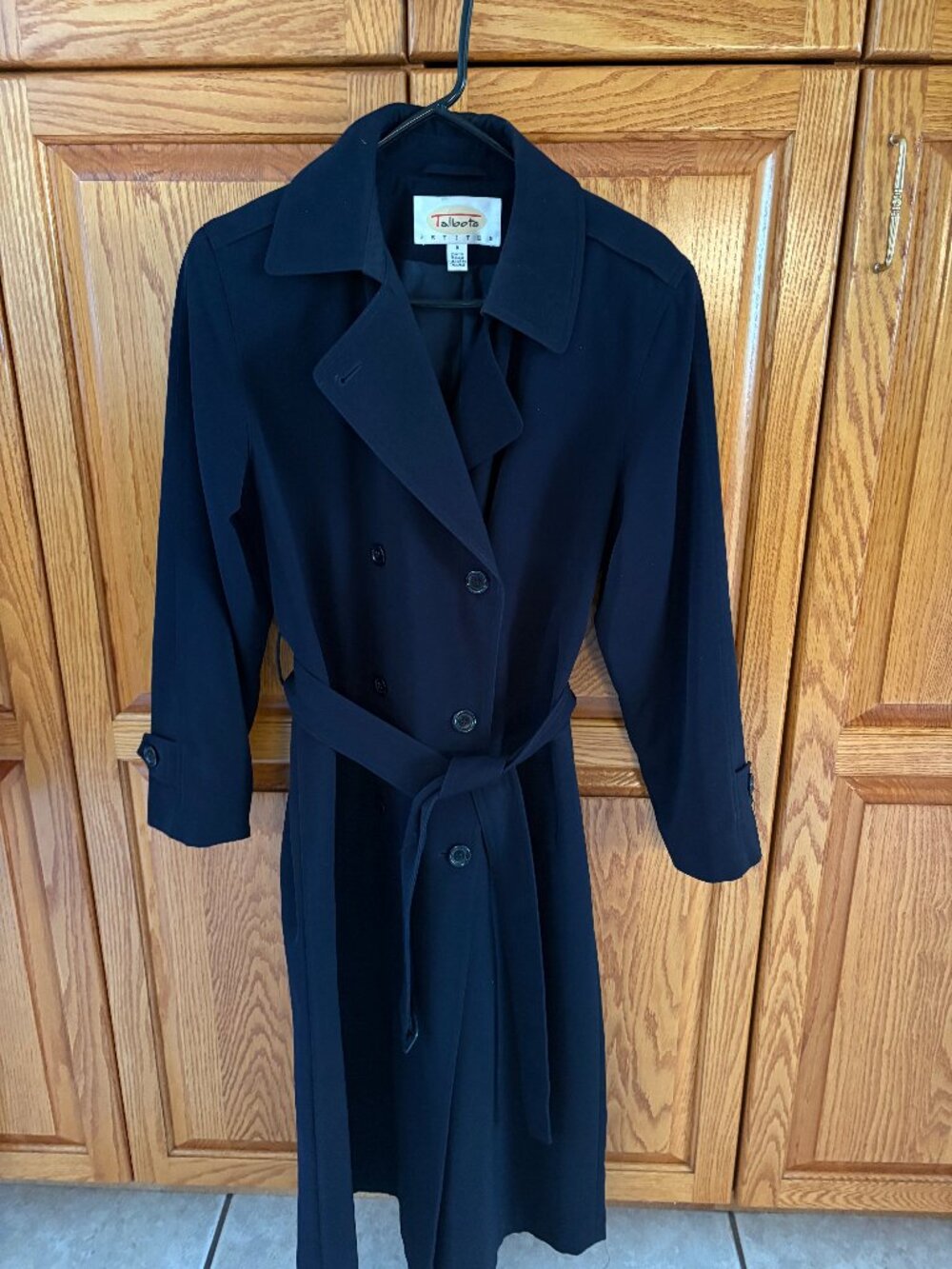 Talbots Navy Trench Coat Belted Lined Sz 6P 45" Long Back Slit Pockets 6 Bu